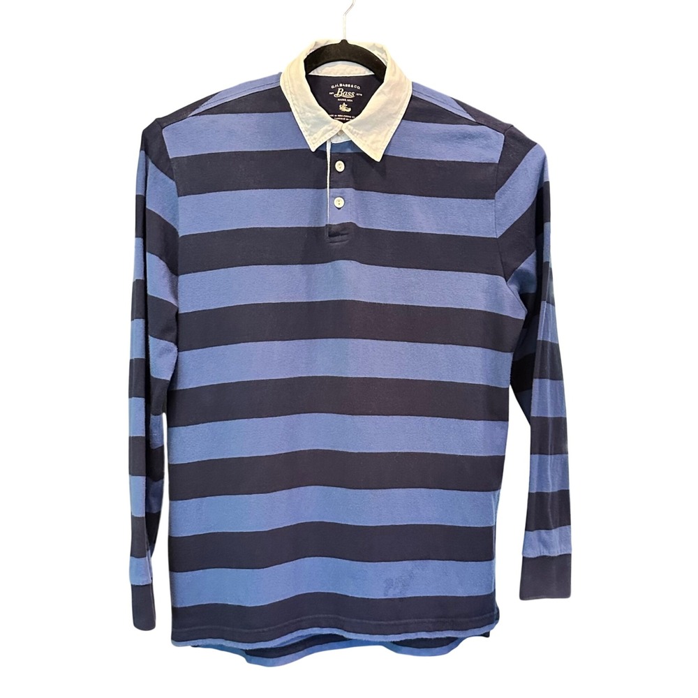 GH Bass Mens Rugby Shirt Blue Size L Striped Polo Long Sleeve Streetwear Casual